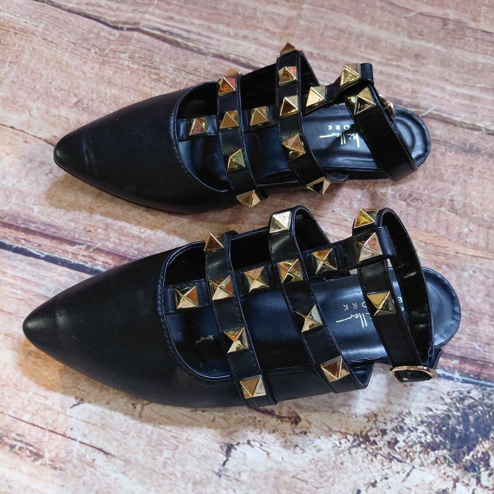 Nicole Miller Black Flats with Gold Studs